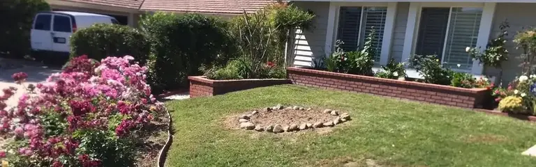 The same lawn with the tree gone and a ring of stones left